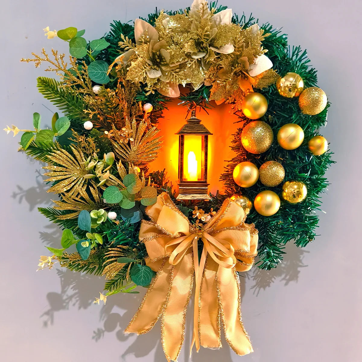 45cm Golden Christmas Wreath with Lights – Front Door & Wall Decor