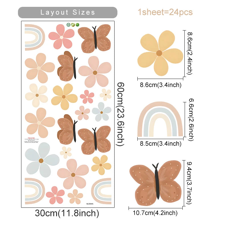 Boho Watercolor Wall Stickers – Flowers, Rainbow & Butterfly