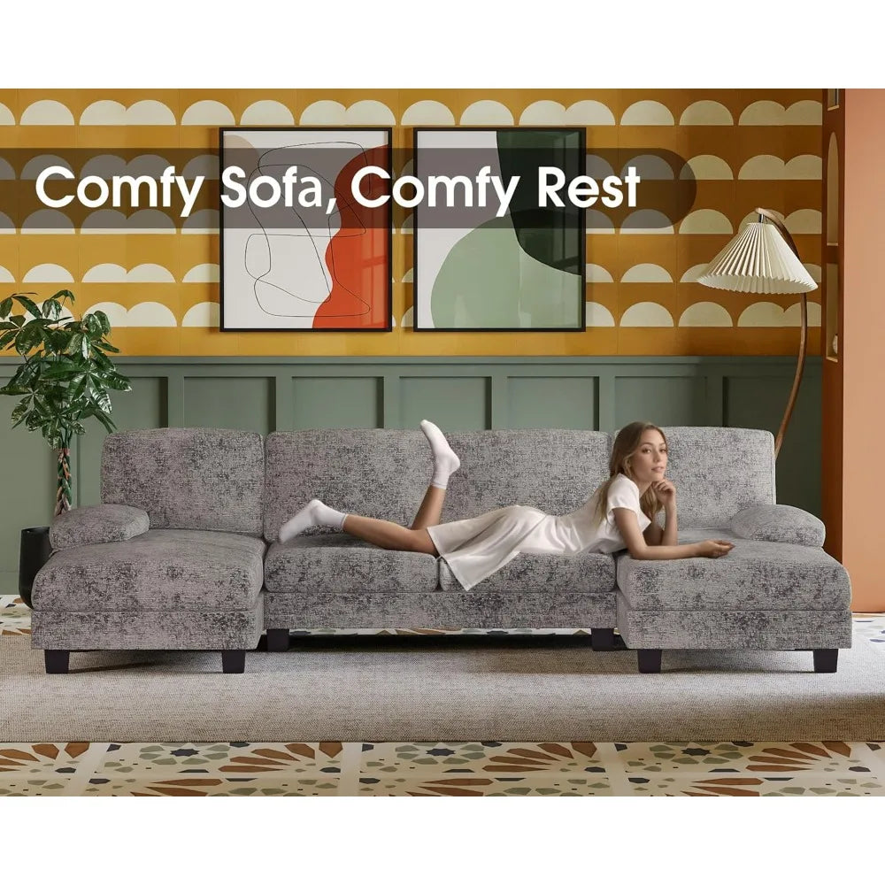 U-Shaped Linen Sectional Couch with Double Chaise