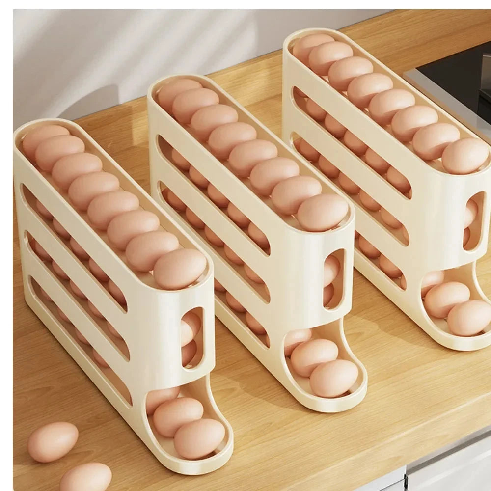 4-Layer Automatic Rolling Egg Holder – Fridge Storage Organizer