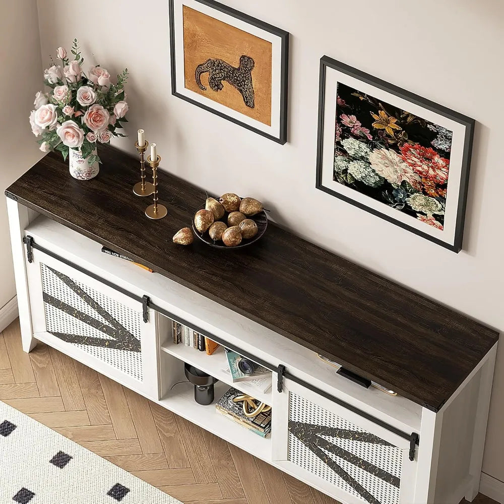 70" Rustic Farmhouse TV Stand – Sliding Barn Doors & 6-Drawer Media Console