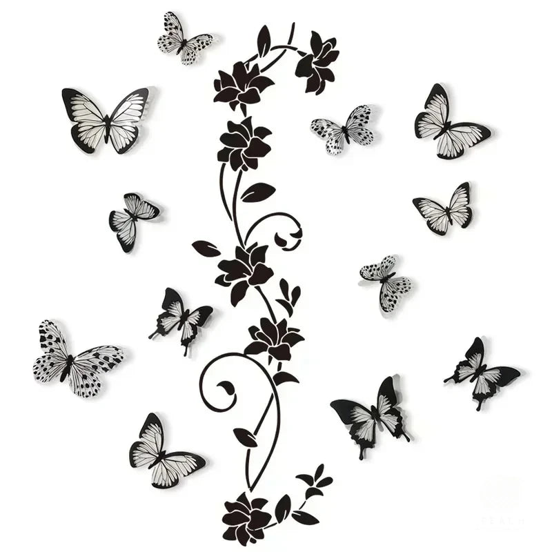 Black Flower & Butterfly 3D Wall Stickers – Removable Bedroom Decor