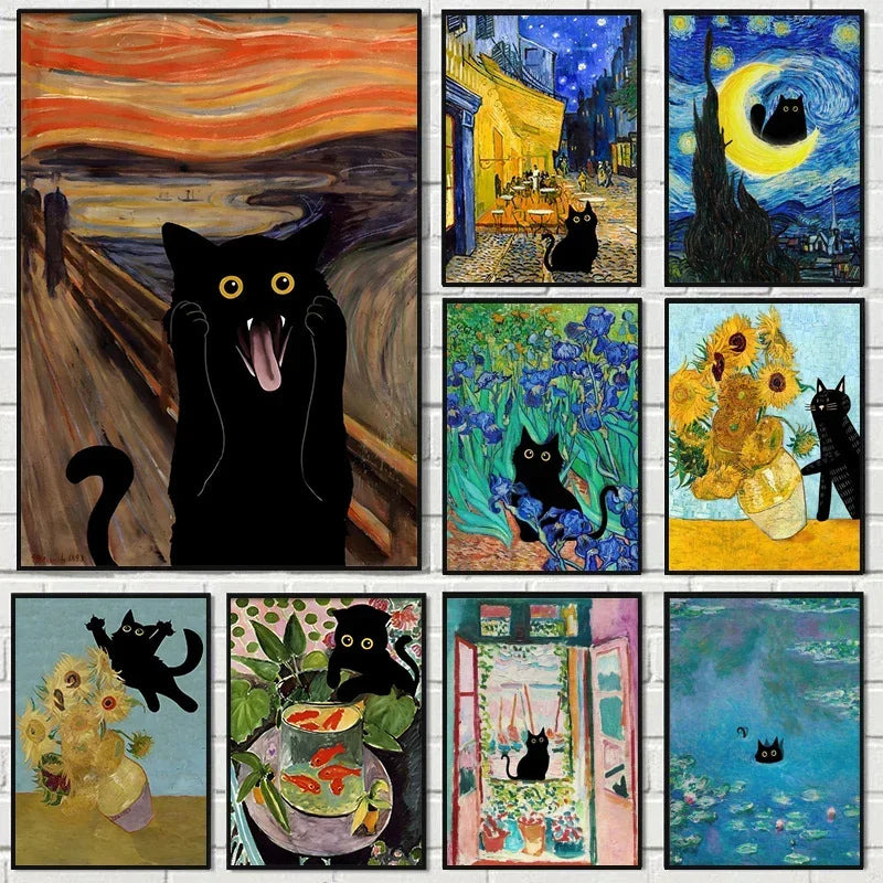 Black Cat Art Canvas Print Van Gogh Sunflowers Design