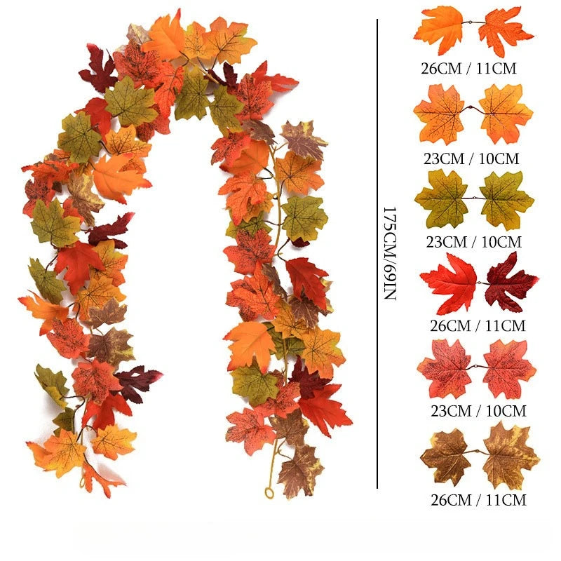 180CM Artificial Maple Leaf Garland – Autumn & Holiday Wall Decor