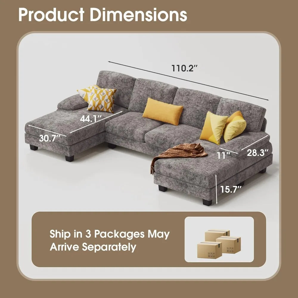 U-Shaped Linen Sectional Couch with Double Chaise