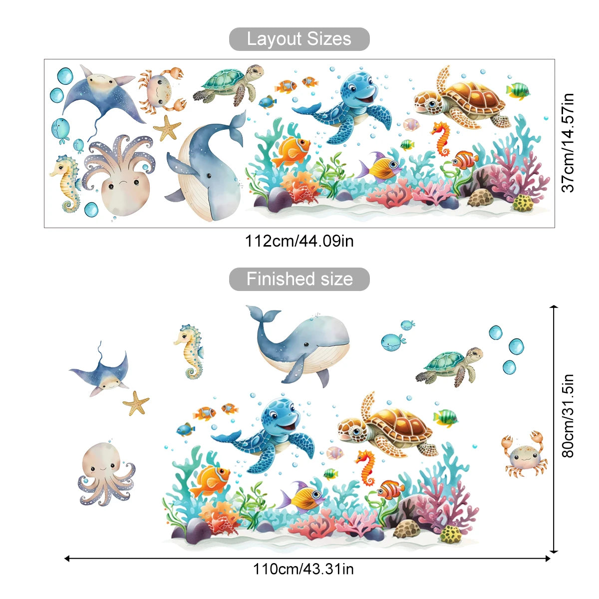 Watercolor Marine Animal Wall Stickers – Whale & Turtle Nursery Decals