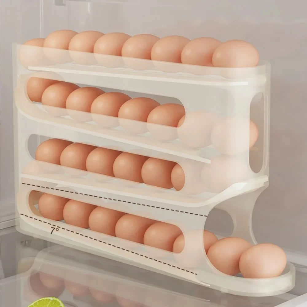 4-Layer Automatic Rolling Egg Holder – Fridge Storage Organizer