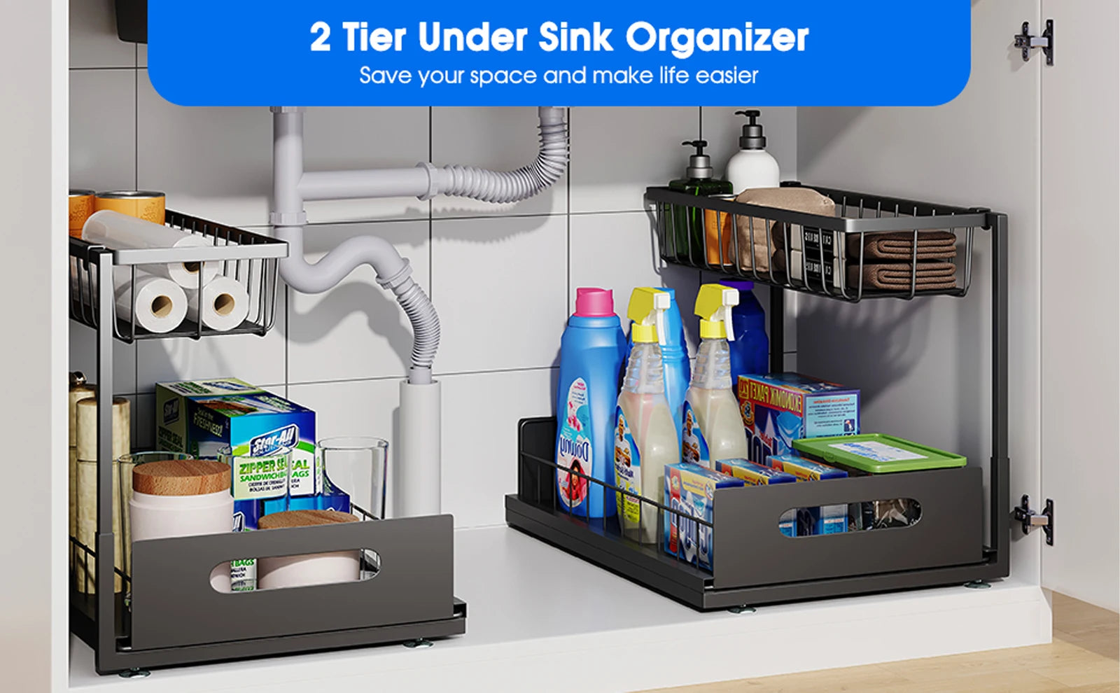 2-Tier Under Sink Sliding Cabinet Organizer Drawer