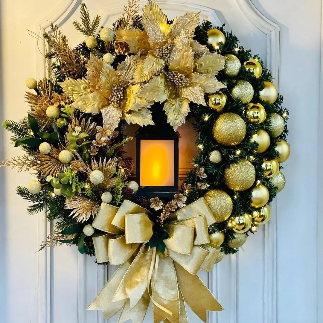 45cm Golden Christmas Wreath with Lights – Front Door & Wall Decor
