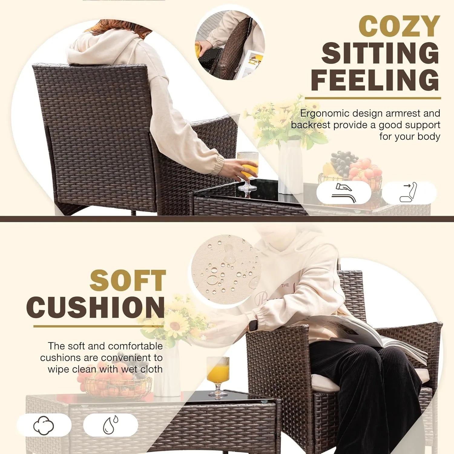 4-Piece Outdoor Rattan Furniture Set – Brown & Beige Wicker Chairs