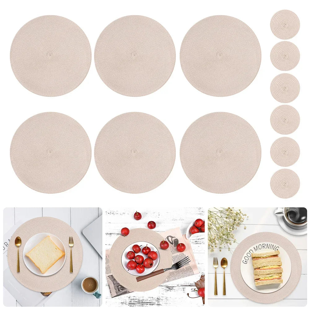 6PCS Round Table Mat & Coaster Set – Non-Slip Ramie Dining Placemats