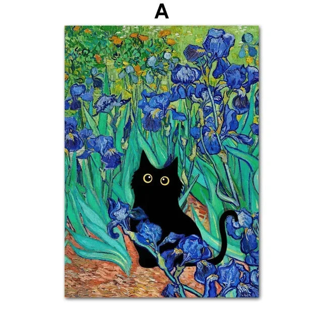 Black Cat Art Canvas Print Van Gogh Sunflowers Design