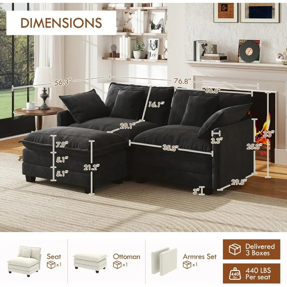 77" L-Shaped Cloud Sofa with Ottoman – Comfy Chenille Modular Sectional