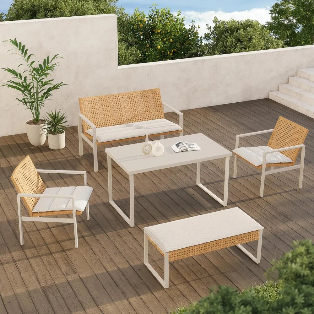 5-Piece Outdoor Wicker Dining Set – Table with 4 Chairs & Cushions