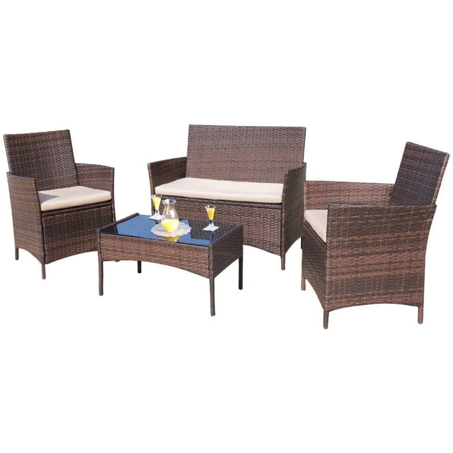 4-Piece Outdoor Rattan Furniture Set – Brown & Beige Wicker Chairs