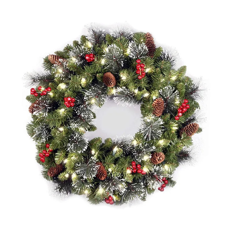 LED Pinecone Christmas Wreath – Artificial Wreath with Red Berries