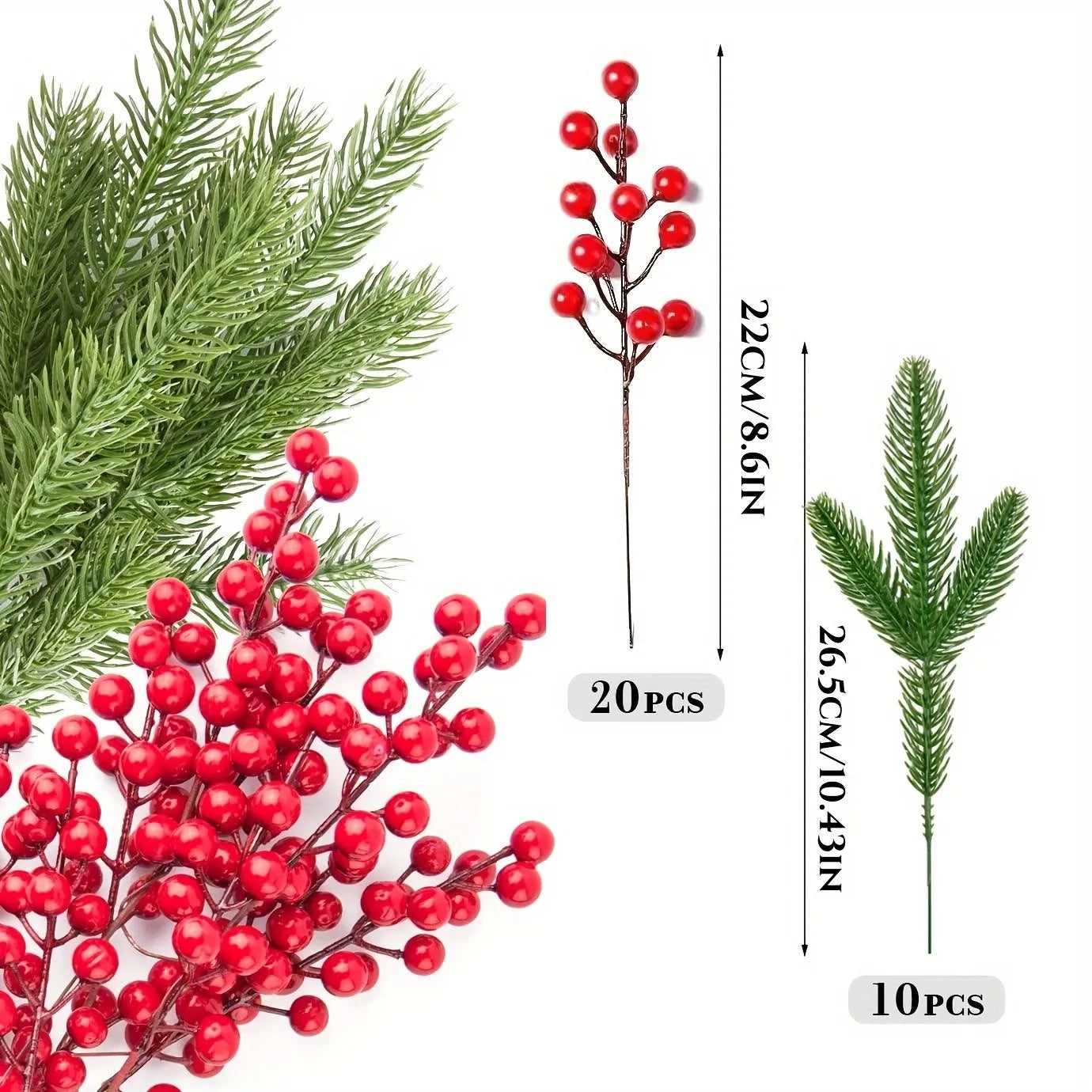 10PCS Artificial Pine Branches with Holly & Red Berries – Christmas Decorations