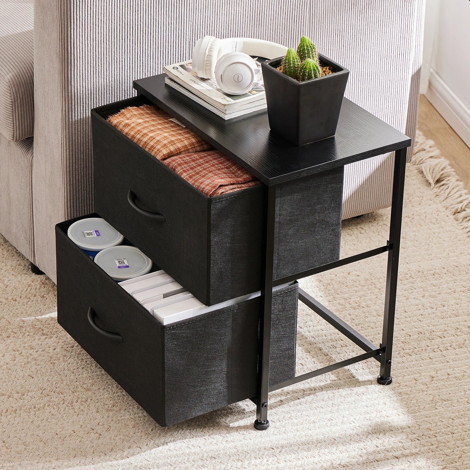 JHK Nightstand with 2 Fabric Drawers – Bedside & Coffee Table Storage Cabinet