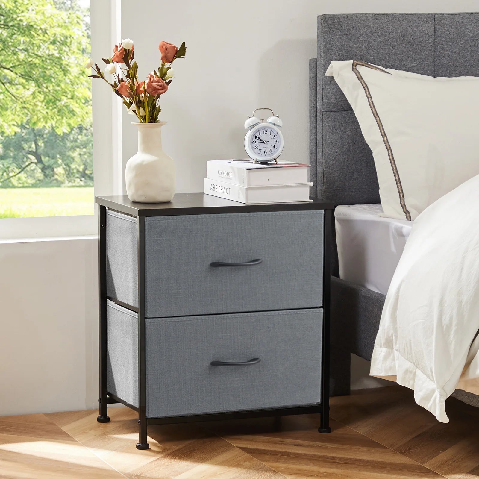 JHK Nightstand with 2 Fabric Drawers – Bedside & Coffee Table Storage Cabinet