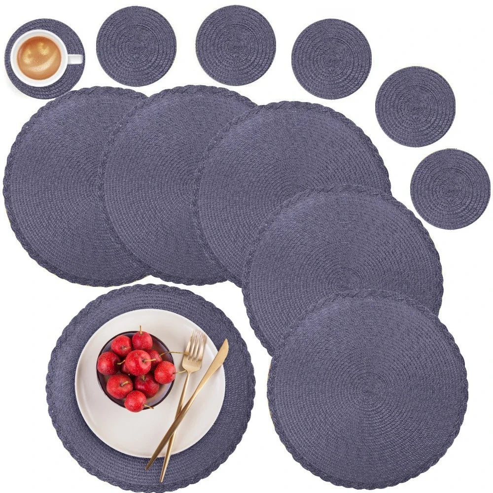 6PCS Round Table Mat & Coaster Set – Non-Slip Ramie Dining Placemats