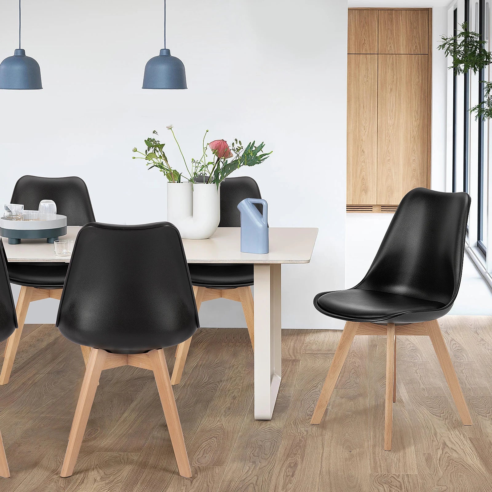 Set of 4 PU Leather Dining Chairs with Wooden Legs