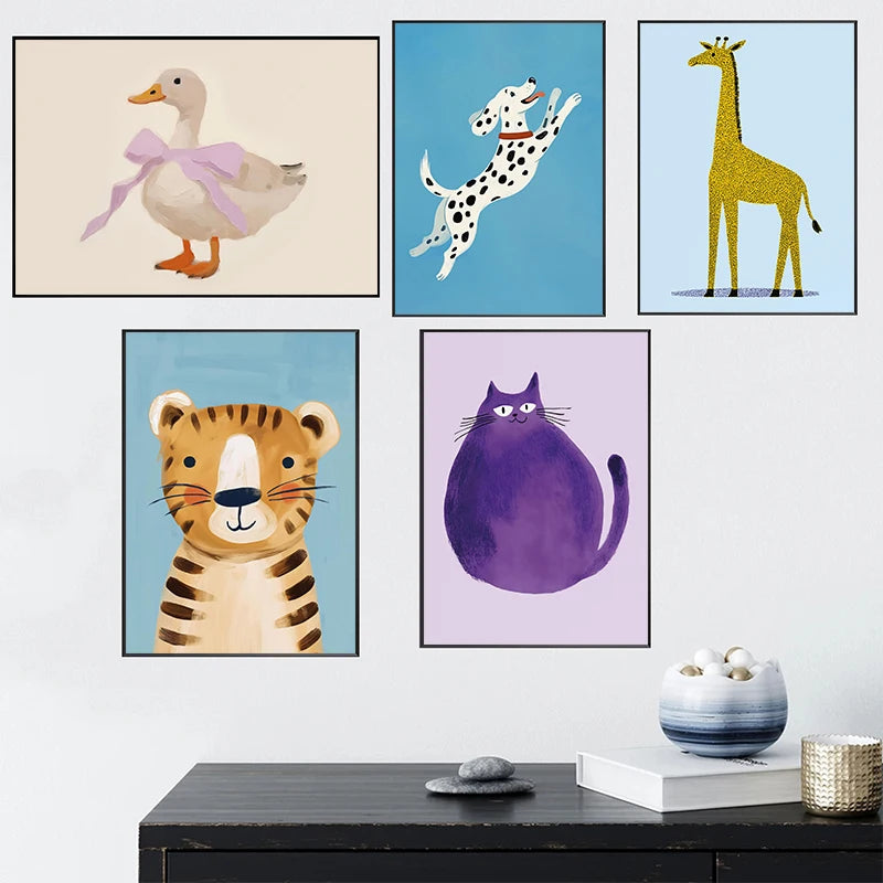 Jungle Animal Canvas Wall Art – Giraffe, Tiger & Elephant Nursery Decor