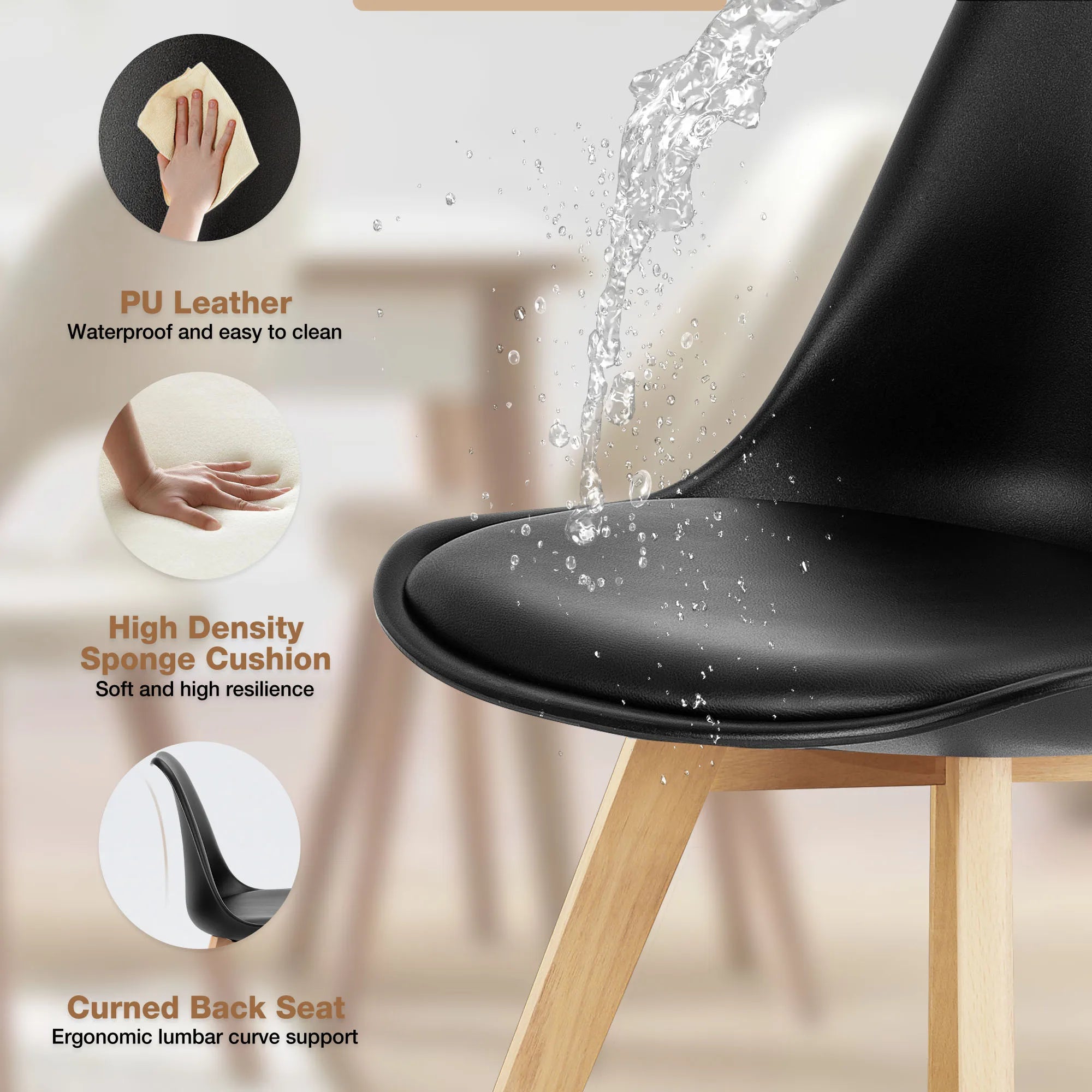 Set of 4 PU Leather Dining Chairs with Wooden Legs