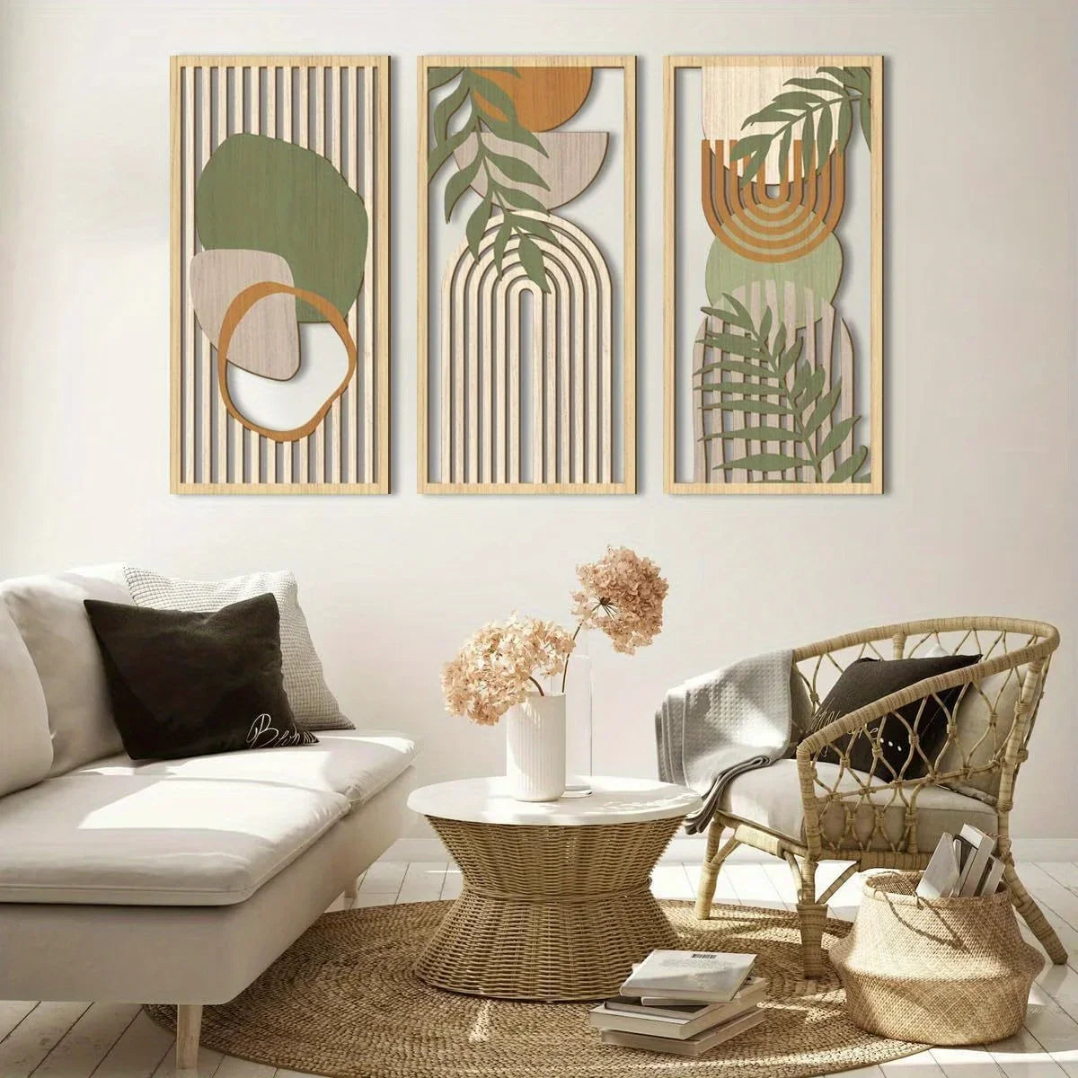 3PCS Sage Green Geometric Wood Wall Art – Modern Abstract Decor