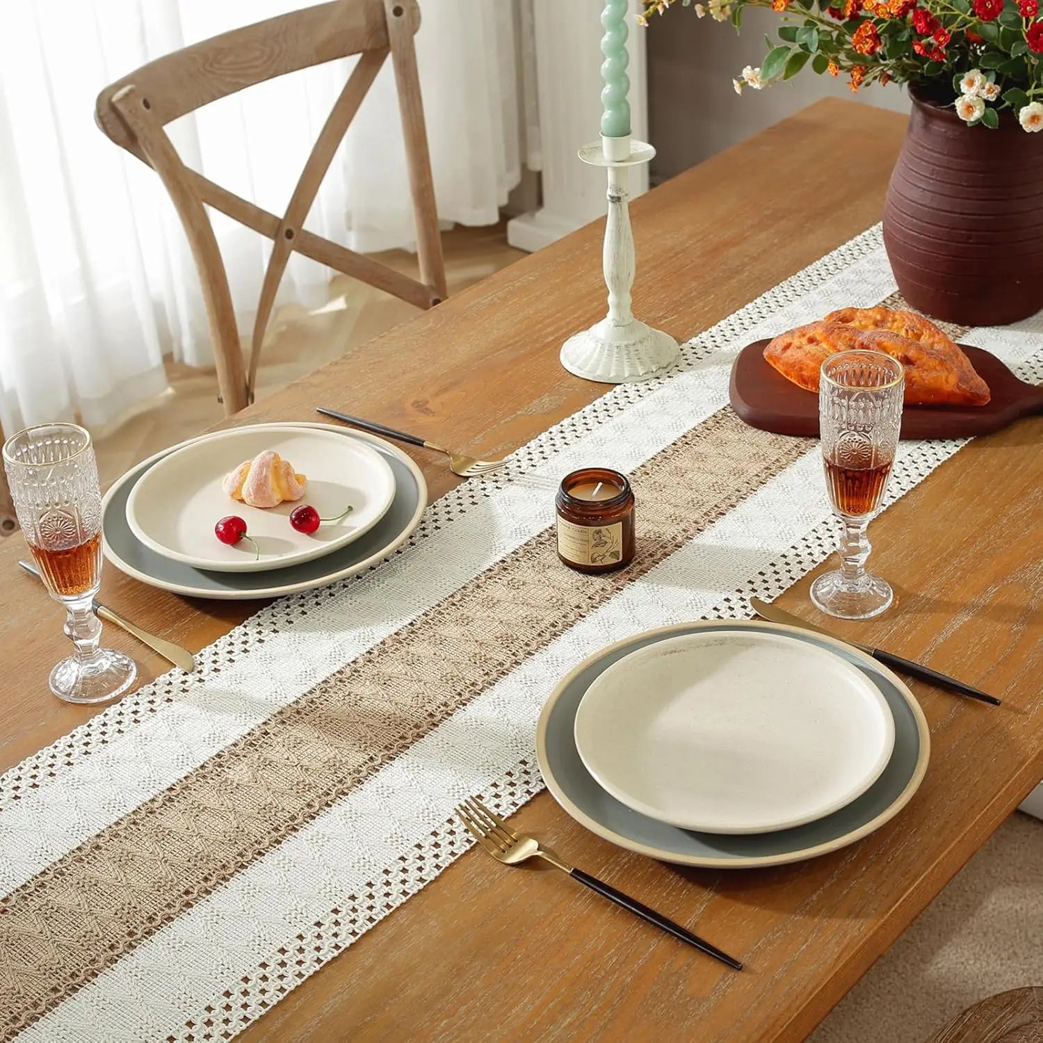 Boho Farmhouse Linen Table Runner – Rustic Macrame with Tassels