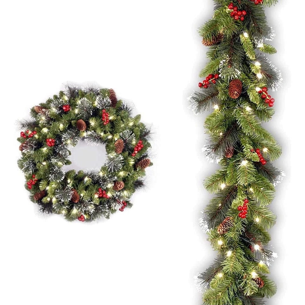 LED Pinecone Christmas Wreath – Artificial Wreath with Red Berries
