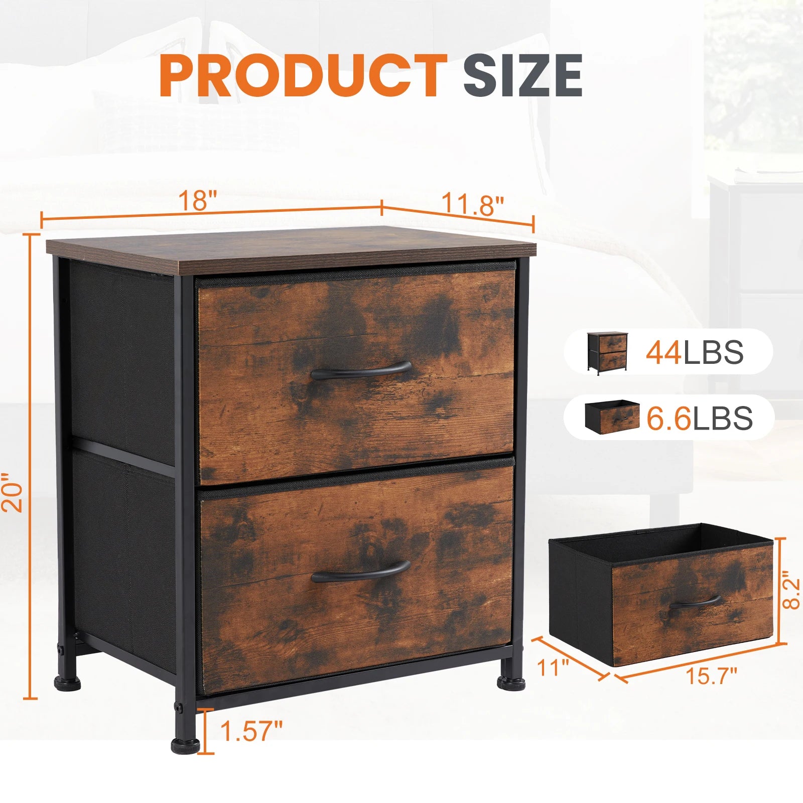 JHK Nightstand with 2 Fabric Drawers – Bedside & Coffee Table Storage Cabinet