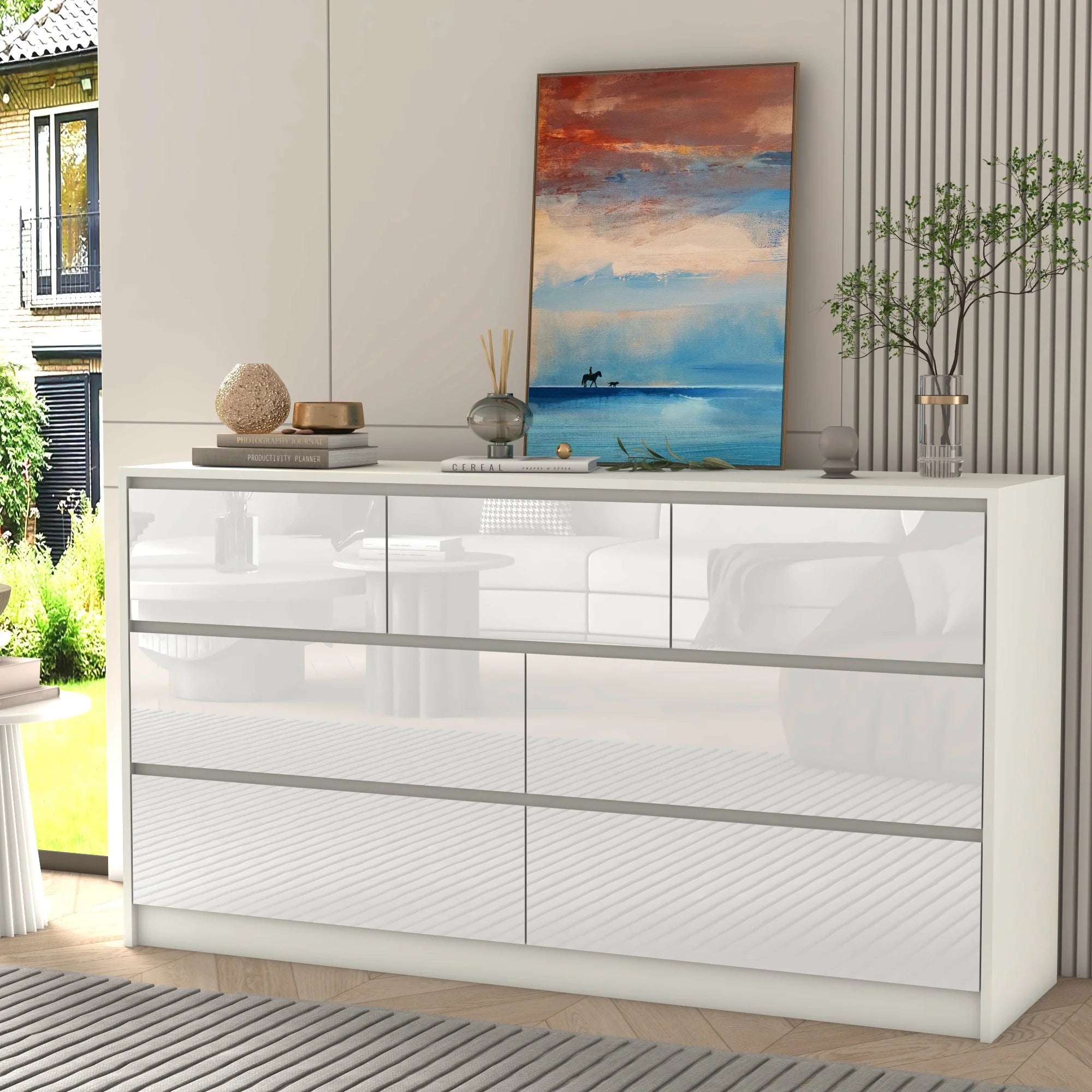 55" Modern 7-Drawer Dresser with High Gloss Finish