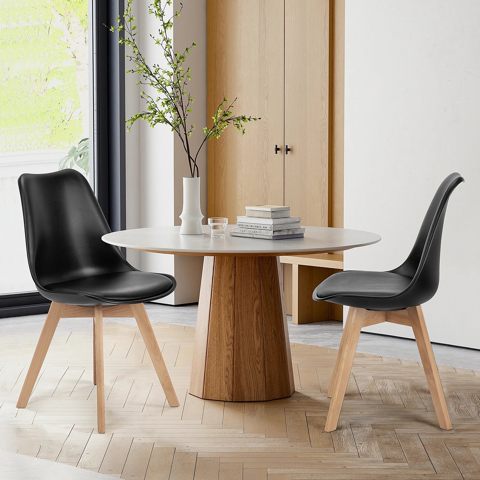 Set of 4 PU Leather Dining Chairs with Wooden Legs