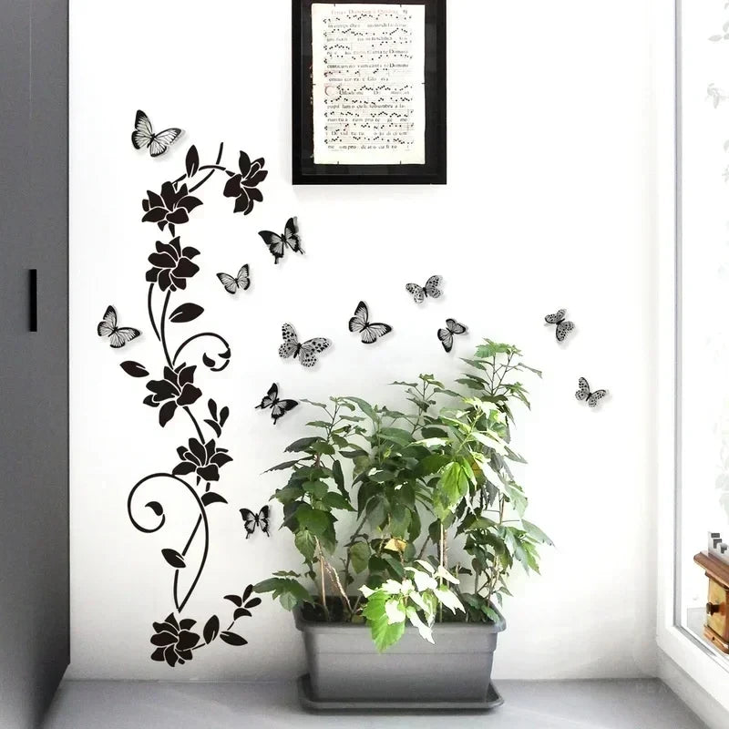 Black Flower & Butterfly 3D Wall Stickers – Removable Bedroom Decor