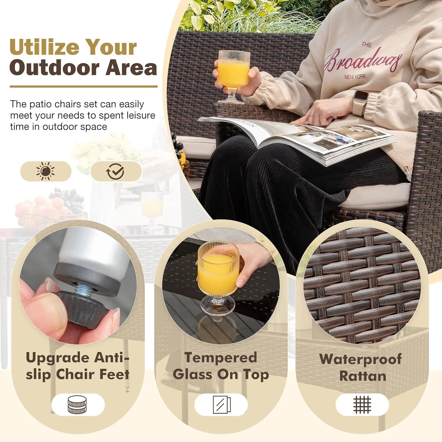 4-Piece Outdoor Rattan Furniture Set – Brown & Beige Wicker Chairs