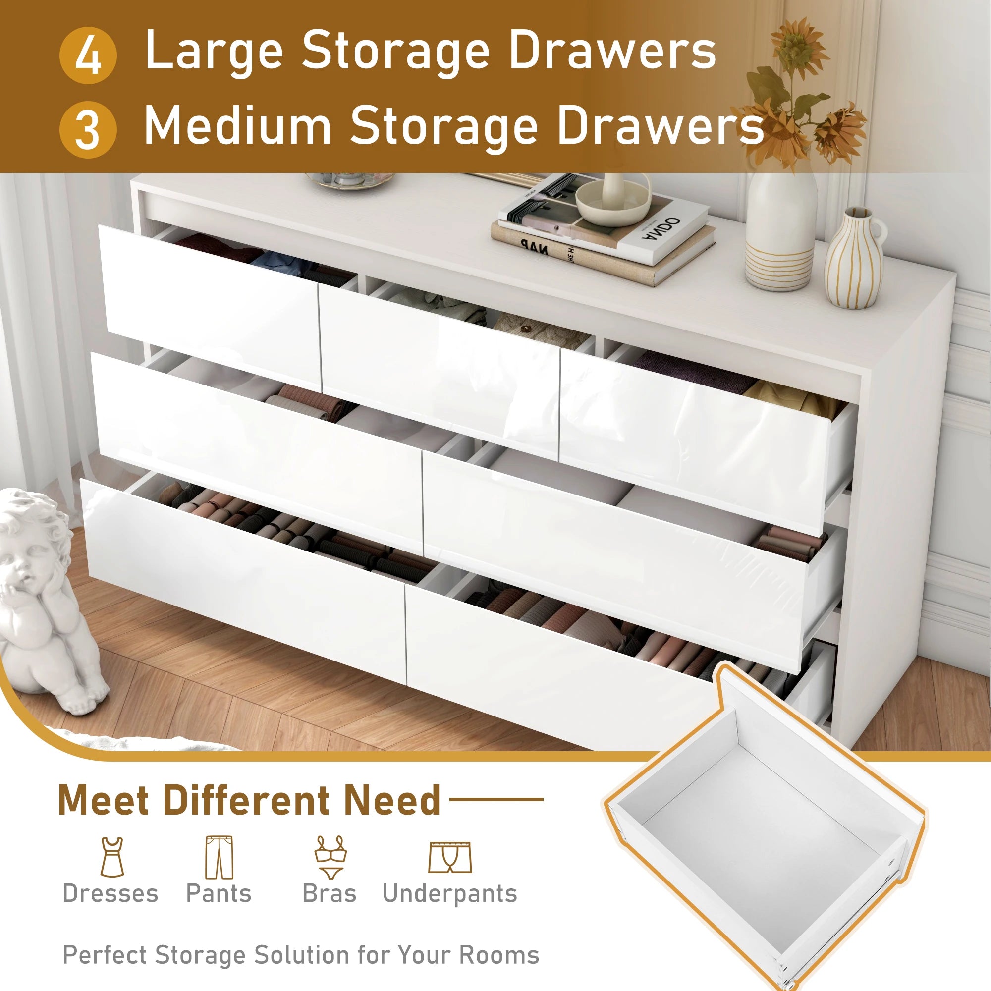 55" Modern 7-Drawer Dresser with High Gloss Finish