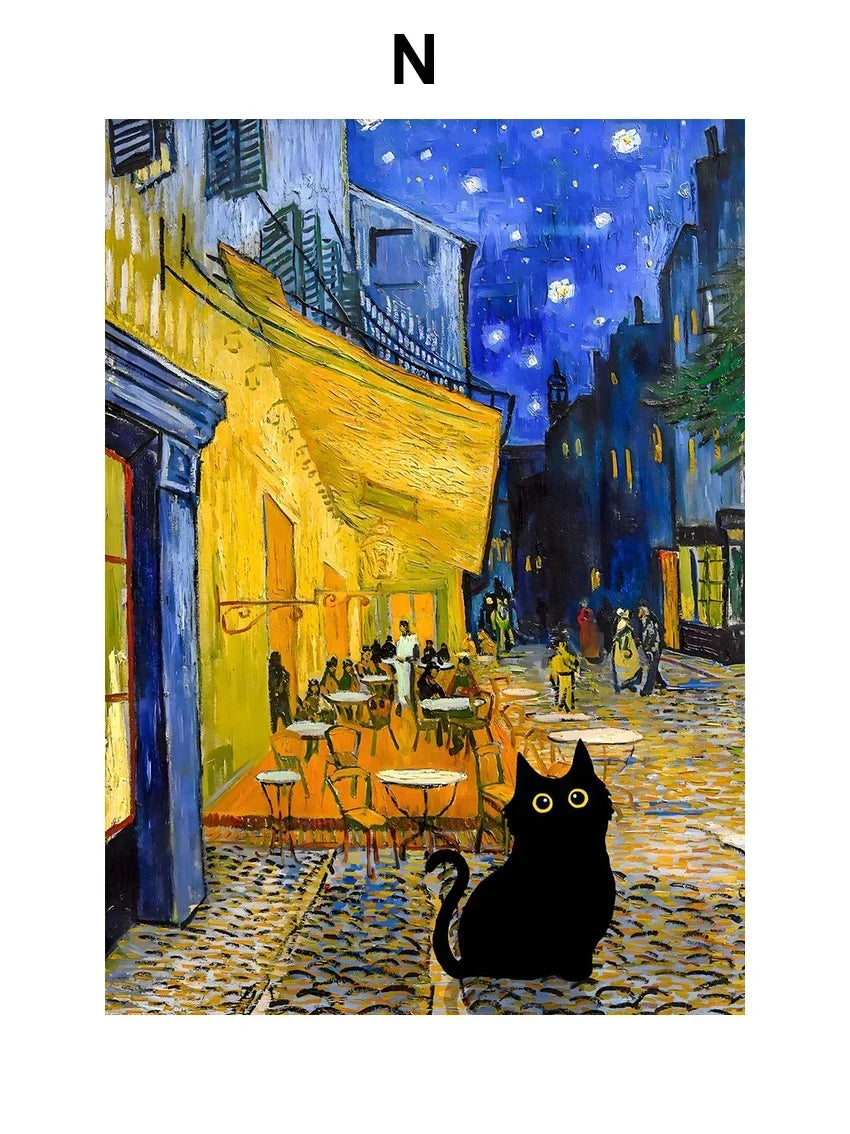 Black Cat Art Canvas Print Van Gogh Sunflowers Design