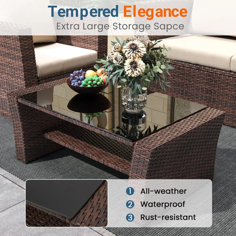 4-Piece Outdoor Wicker Patio Set – Brown Rattan Sofa with Cushions