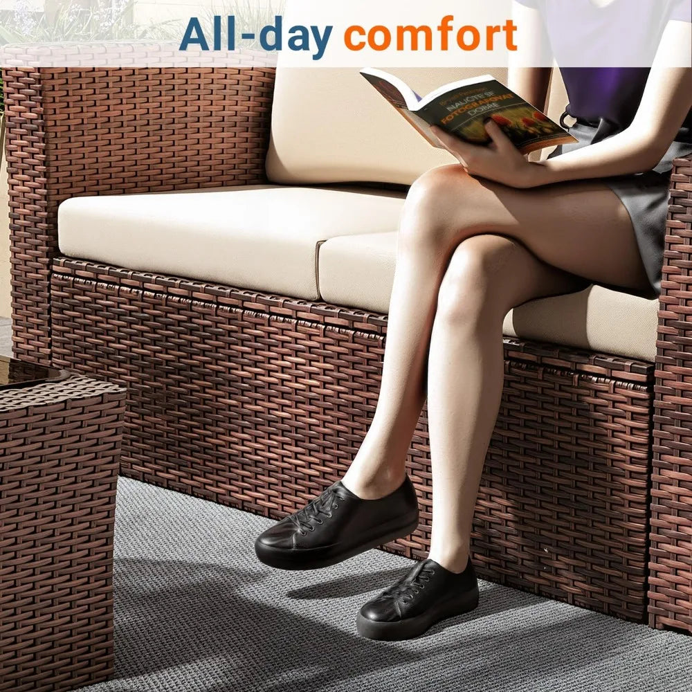 4-Piece Outdoor Wicker Patio Set – Brown Rattan Sofa with Cushions