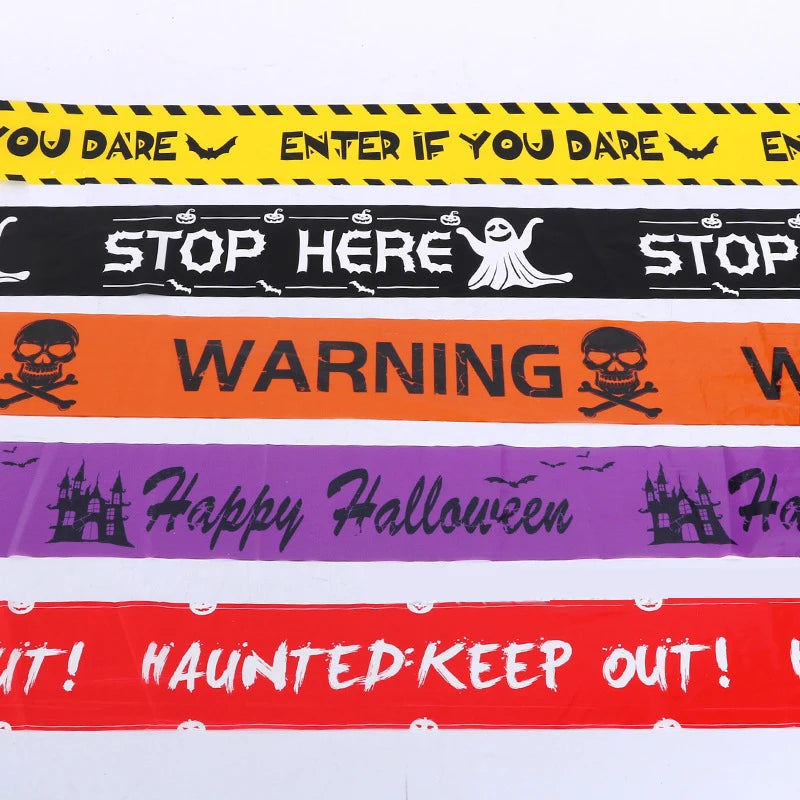 1PC Halloween Window Prop – Plastic Skull Head Warning Tape Sign for Party & Decoration