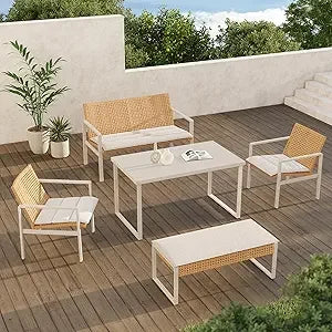 5-Piece Outdoor Wicker Dining Set – Table with 4 Chairs & Cushions