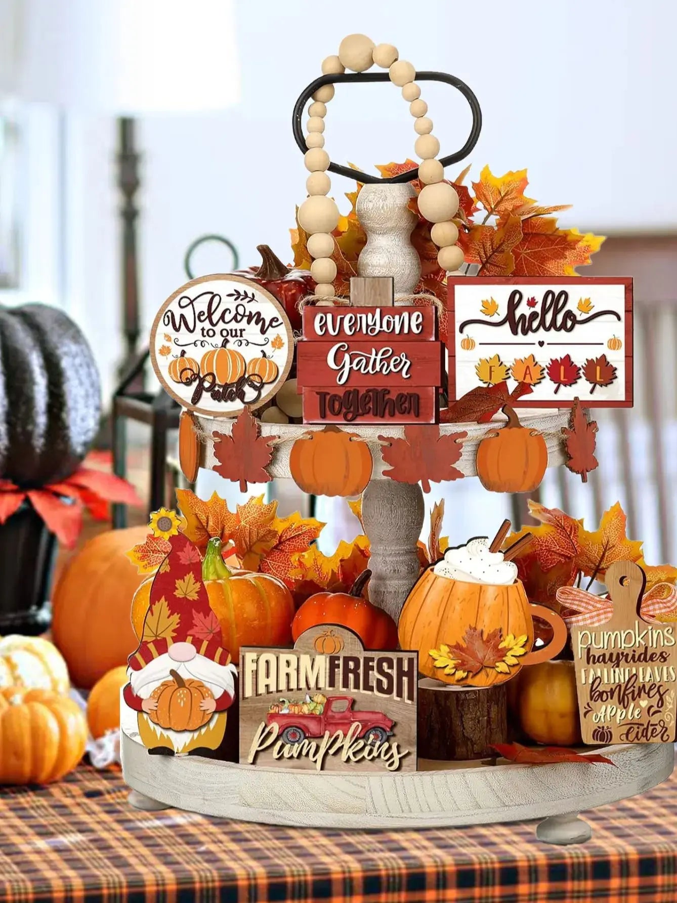 Fall Harvest Wooden Tiered Tray Decor – Farmhouse Autumn Centerpiece Set