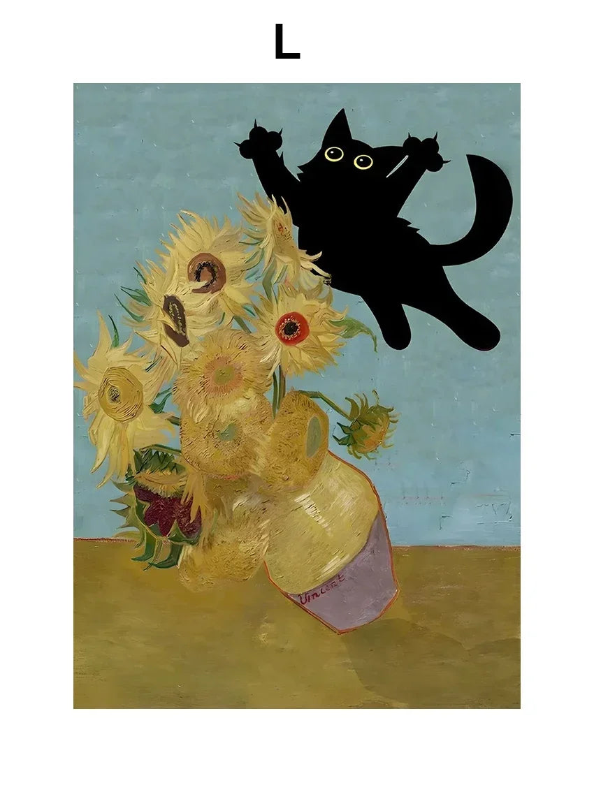 Black Cat Art Canvas Print Van Gogh Sunflowers Design