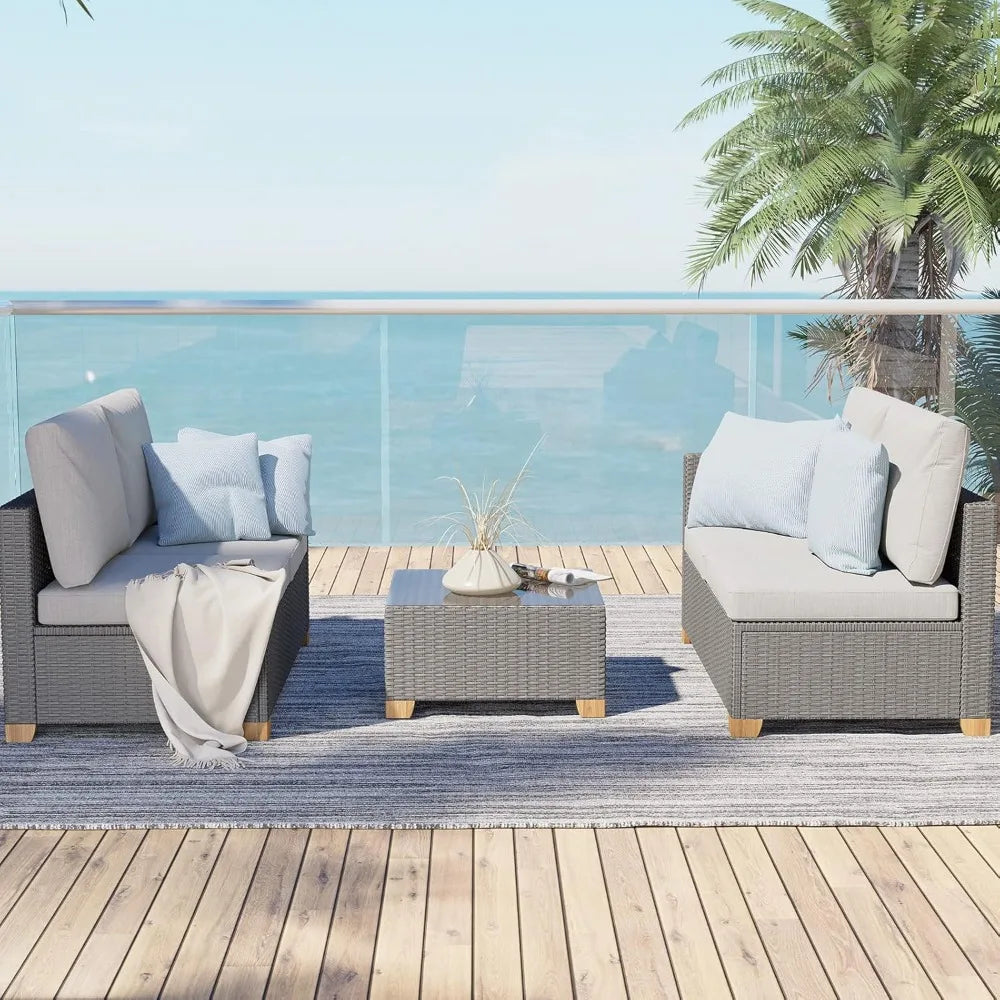 4-Piece Outdoor Wicker Patio Set – Modular Sofa with Glass Top Table