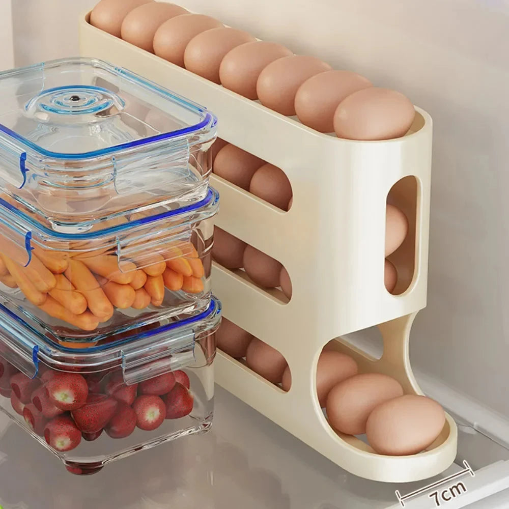 4-Layer Automatic Rolling Egg Holder – Fridge Storage Organizer