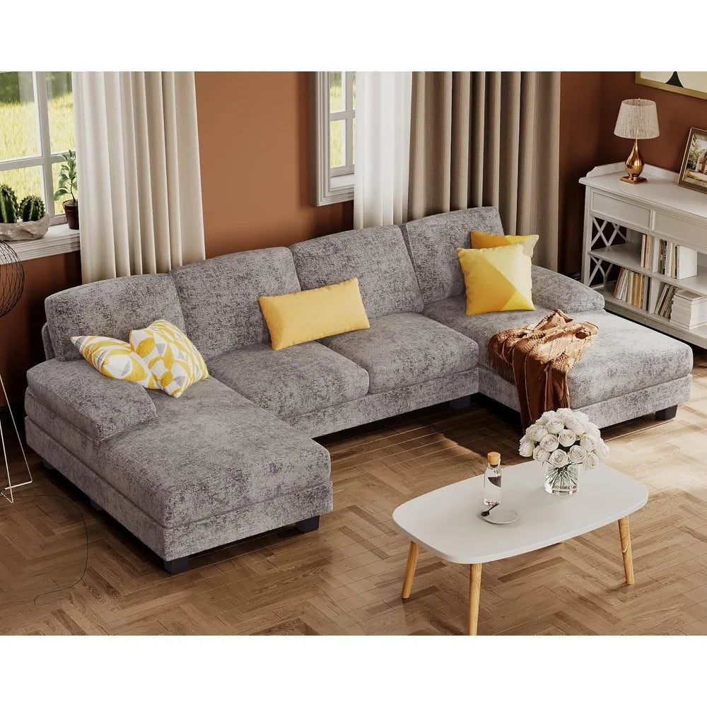 U-Shaped Linen Sectional Couch with Double Chaise