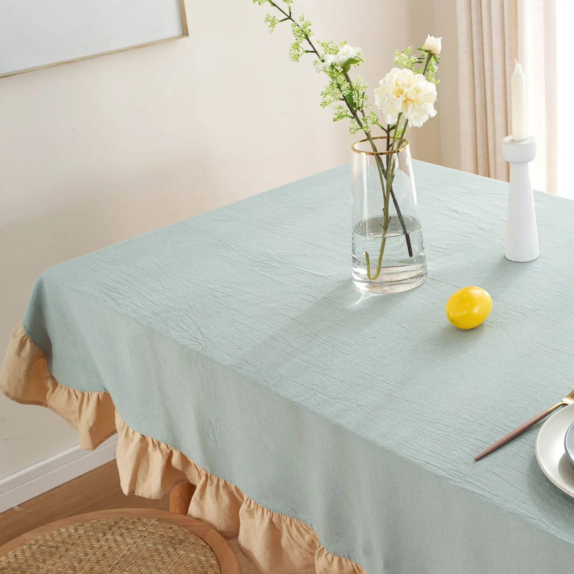 100% Cotton Washable Tablecloth – Elegant Flounce Stitching for Wedding, Party, Dining & Banquet Decoration