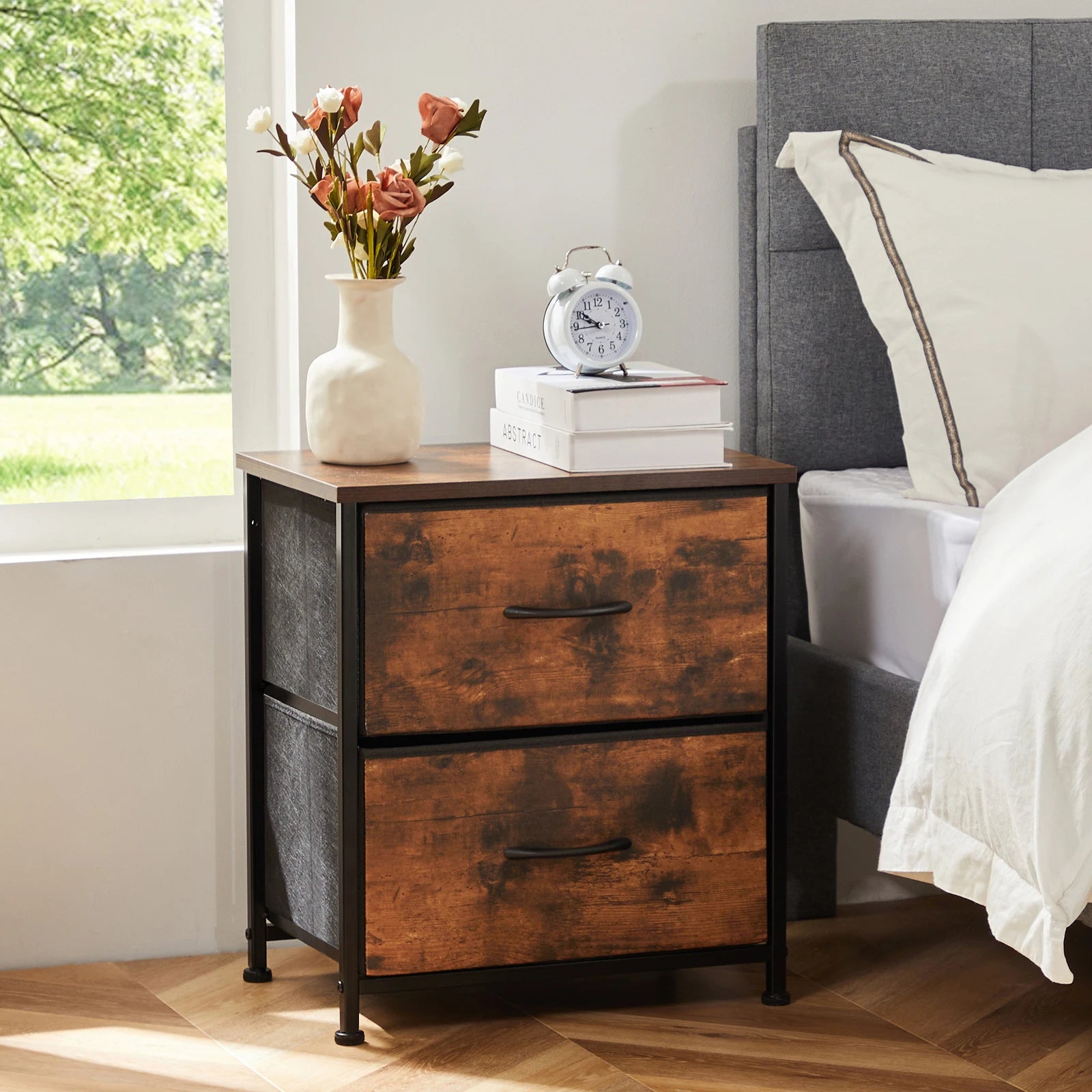 JHK Nightstand with 2 Fabric Drawers – Bedside & Coffee Table Storage Cabinet