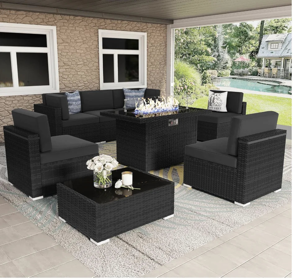 8-Piece Outdoor Patio Set – Wicker Sectional Sofa with Gas Fire Pit Table