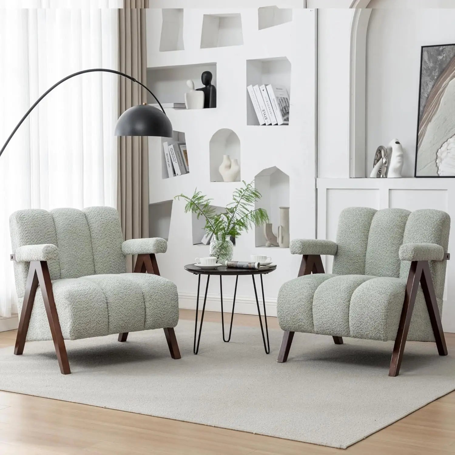 Set of 2 Mid-Century Modern Accent Chairs – Boucle Upholstered with Solid Wood Frame